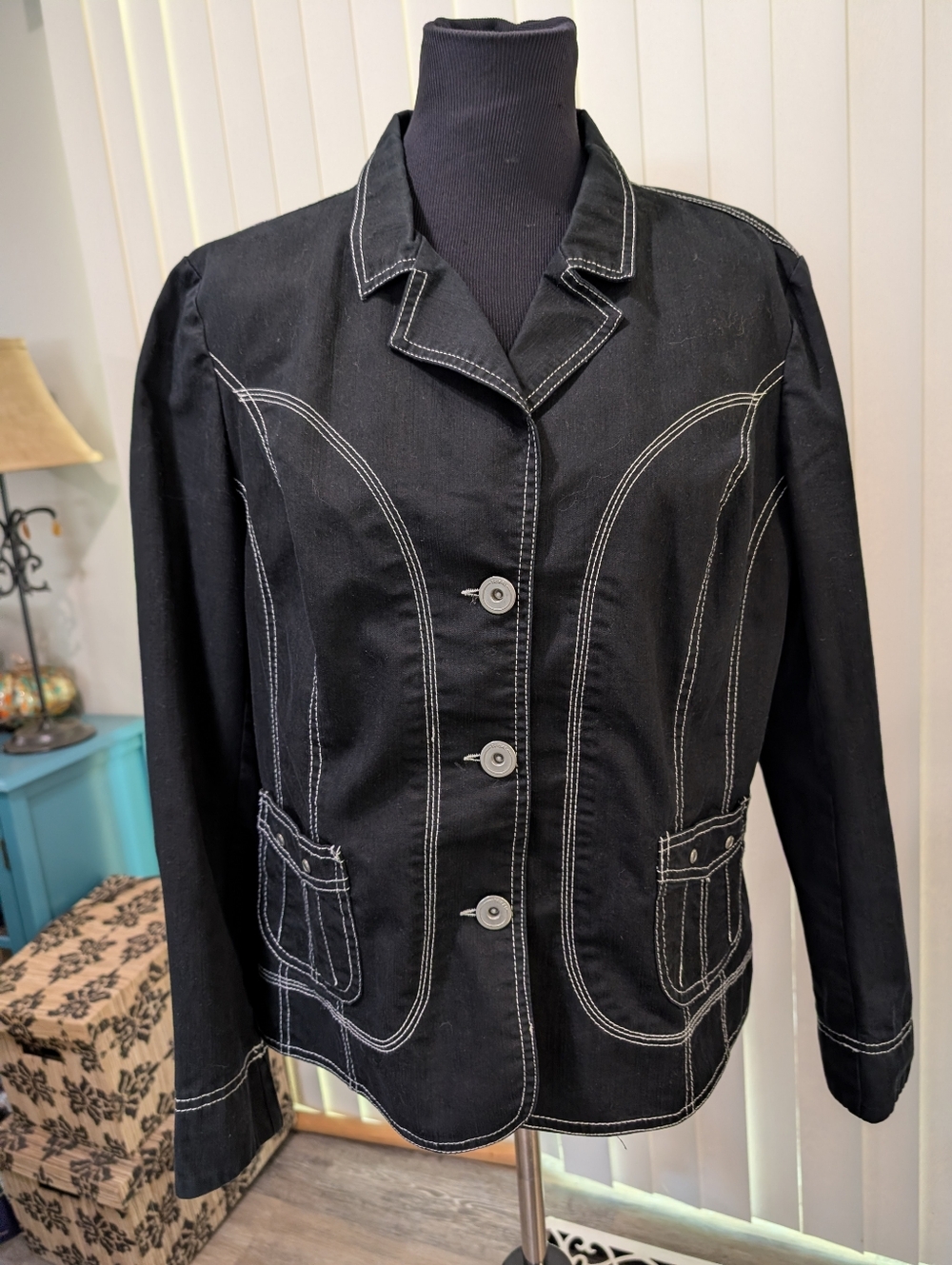 Tribal Stretch- Extensible Black Denim Jacket with White Stitch Detail